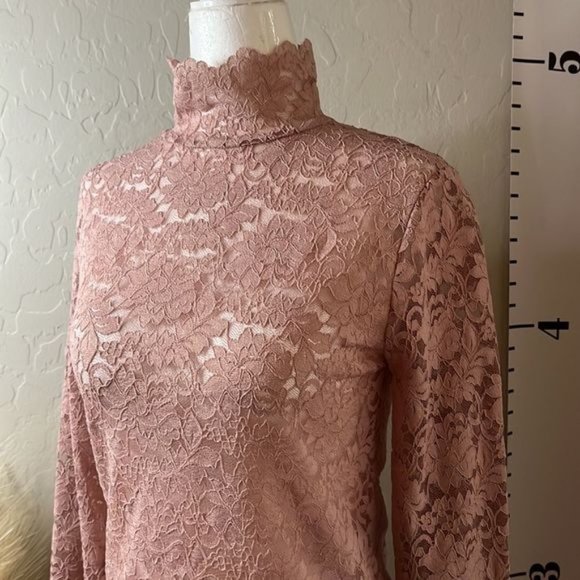 Pink stretchy long sleeve mock turtleneck lacy sheer blouse/top size medium - Picture 2 of 10
